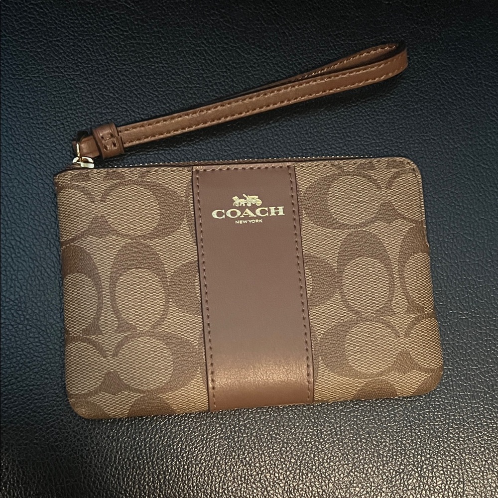 Coach Signature Tan and Brown Wristlet